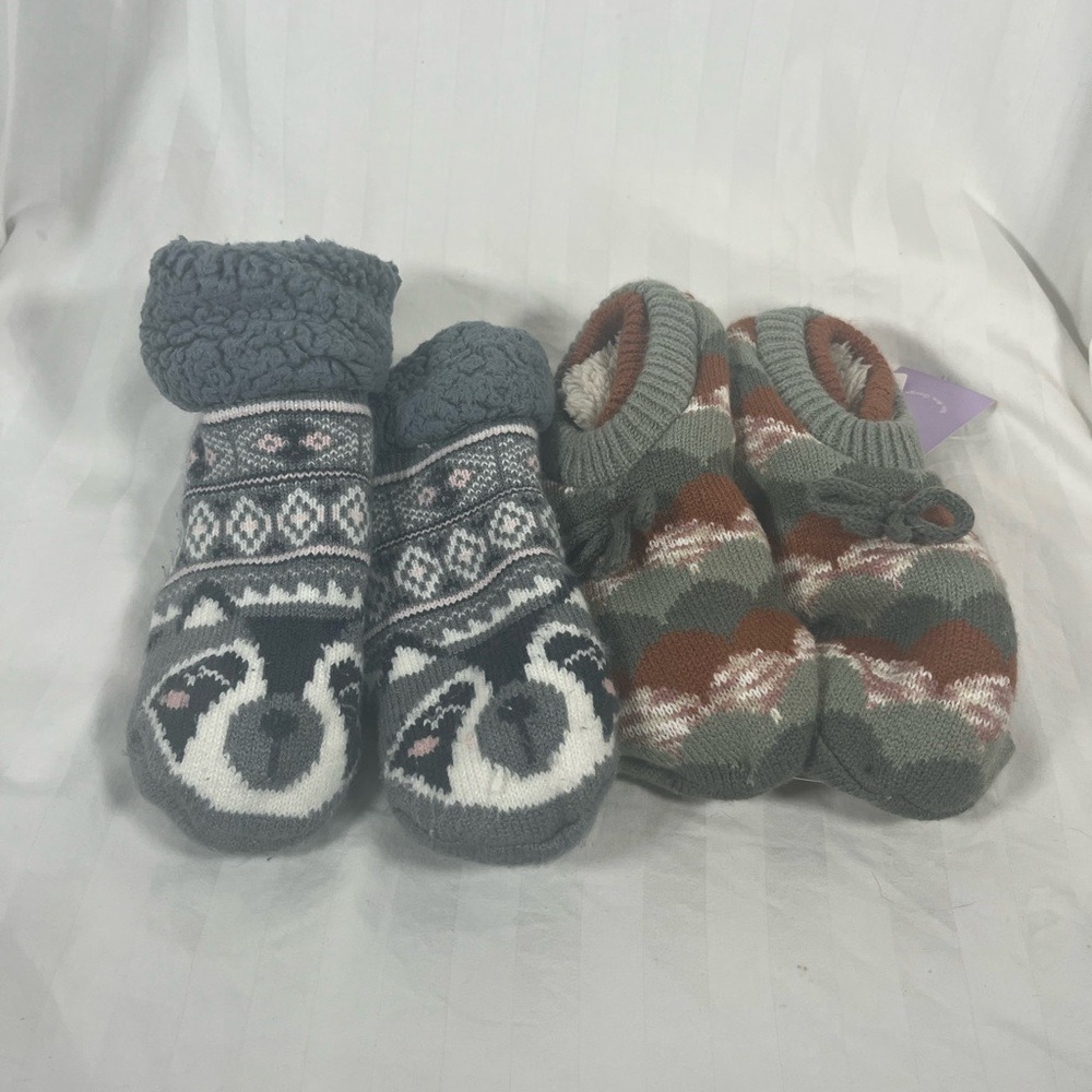 JoySpun Kids Slipper Socks 2-Pack‎ Raccoon Mountain Fair Isle Non-Slip 4-10 NEW